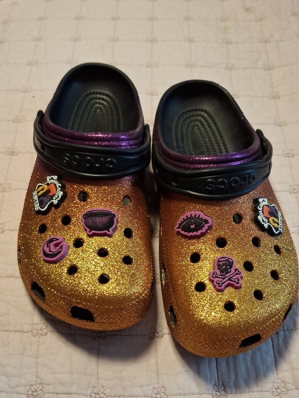 CROCS Glittery Gold Clogs with Purple Trim and Charms